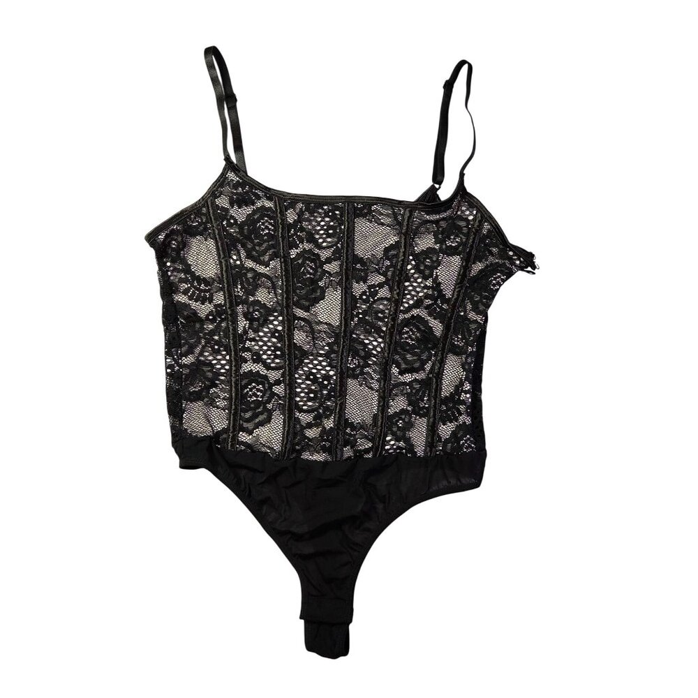Corset-Style Bodysuit Womens Med Black Lace Adjustable Straps Side Zipper New